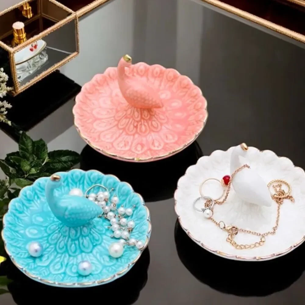 Ceramic Blue Peacock Jewelry Tray For Earrings, Rings, Necklaces And Bracelets